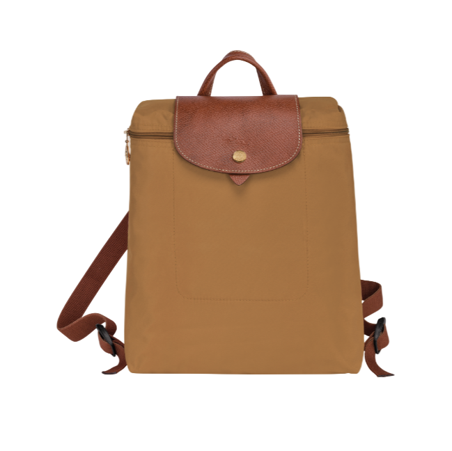 Brown longchamp backpack with brown leather accents on a white background