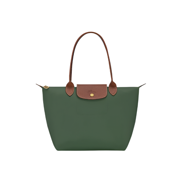 Green handbag with brown handles and trim on a light gray background- green purse