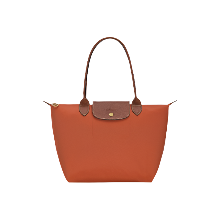 Orange handbag with brown leather accents on a light gray background- orange purse