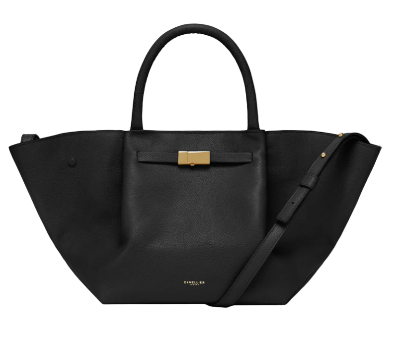Black leather midi luxury handbag with a gold clasp on a white background