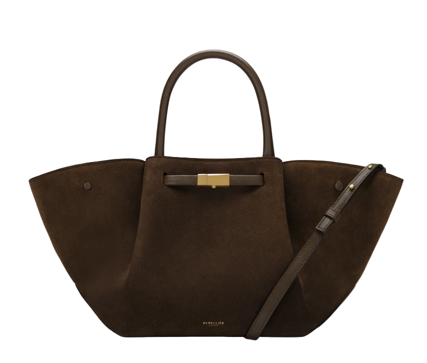 Brown suede midi luxury handbag with a gold clasp on a white background