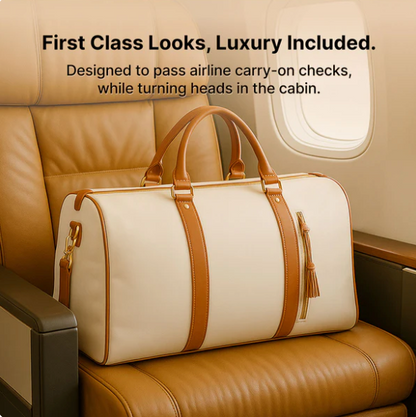 Beige and brown travel bag on an airplane seat with promotional text.