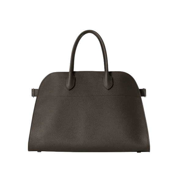 Dark brown leather handbag on a light gray background
