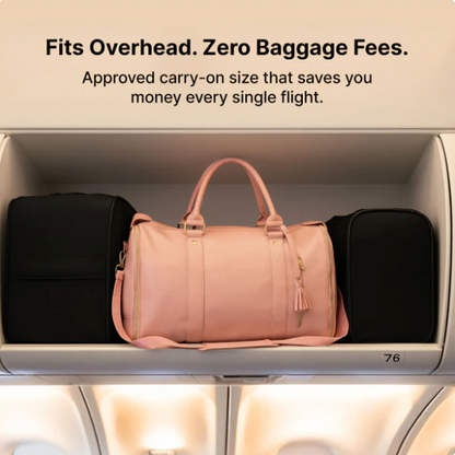 Pink duffel bag in an airplane overhead compartment with text about baggage fees.