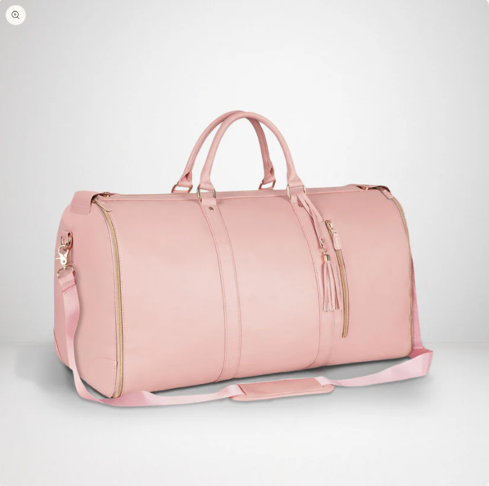 Pink duffel bag on a light gray background