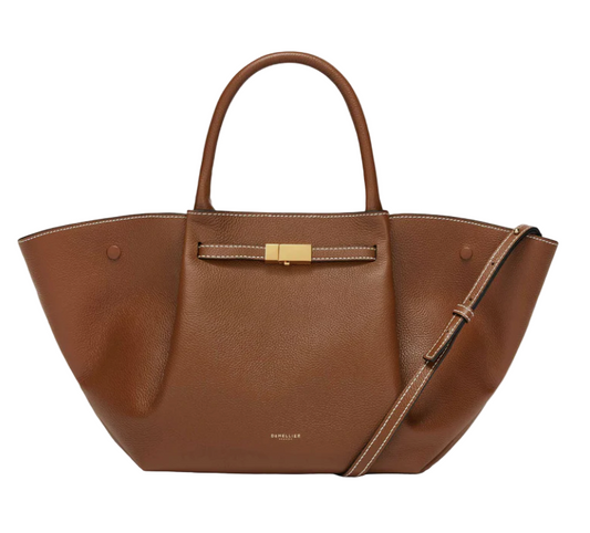 Brown leather midi luxury handbag with a gold clasp on a white background