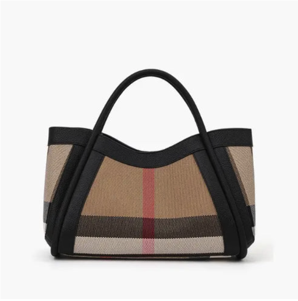 Checkered handbag with black accents on a white background