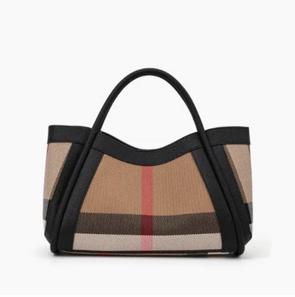 Checkered handbag with black accents on a white background