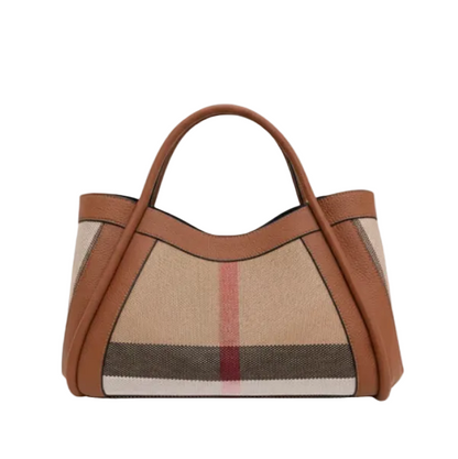 Luno handbag with check pattern and brown accents on a white background