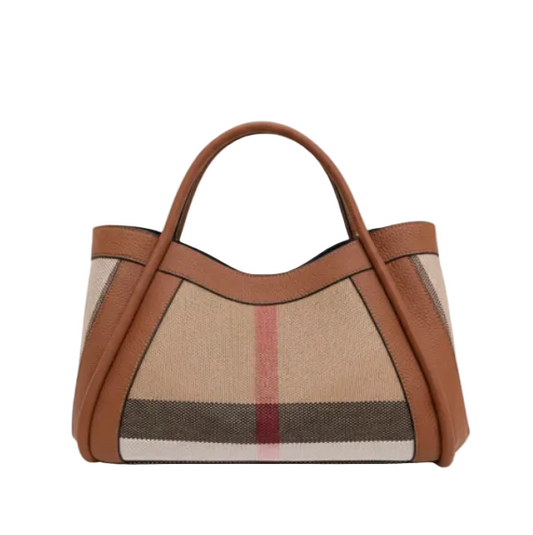 Luno handbag with check pattern and brown accents on a white background