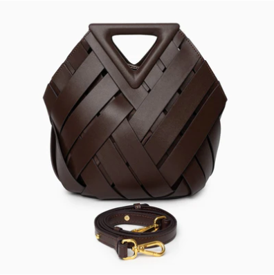 Brown veya handbag with a strap on a white background