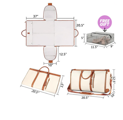 Dimensions of a white bag with brown straps and a free gift box on a white background