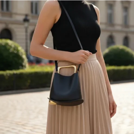 Woman holding a black ayla handbag with a blurred background of a building and greenery