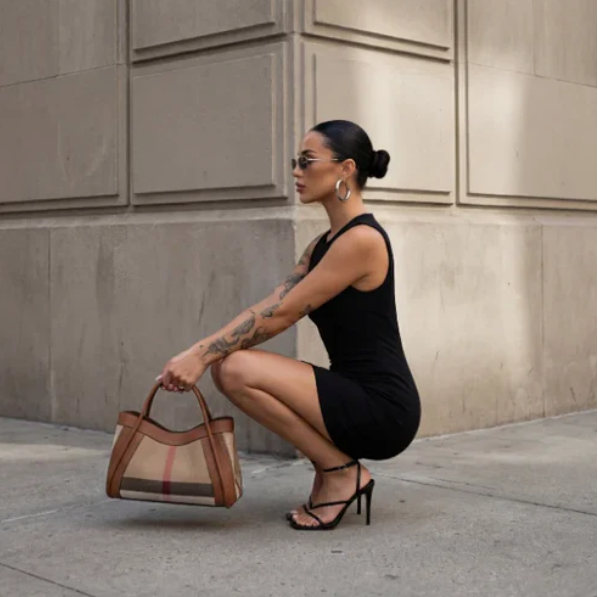 Woman in a black dress holding a brown handbag with a checkered pattern against a beige wall.
