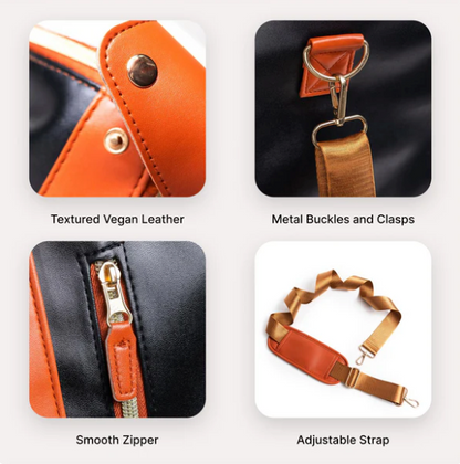 Product features including textured vegan leather, metal buckles and clasps, smooth zipper, and adjustable strap.